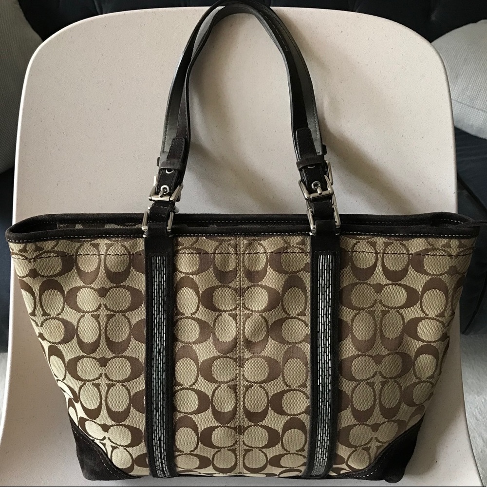 💖Coach Black Brown Suede Leather Zipper Tote Bag